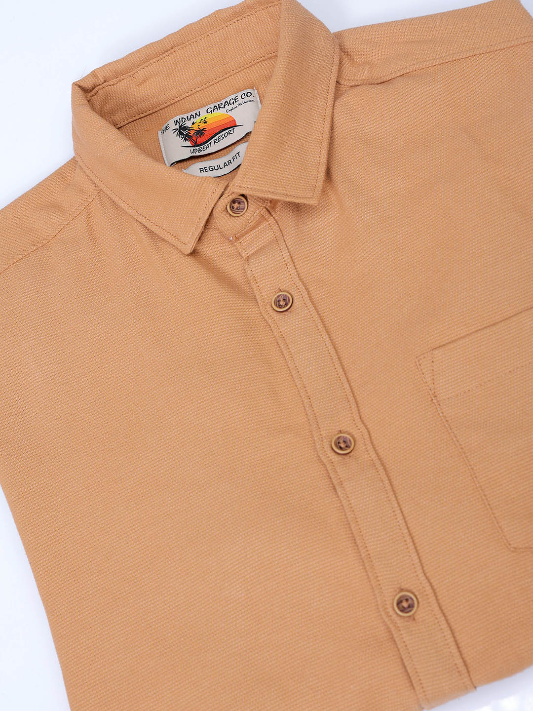 Men's Tan Regular Fit Solid Textured Shirt