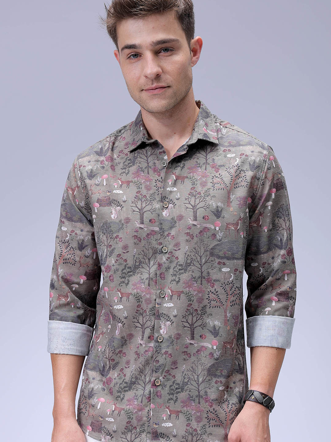 Men's Olive Regular Fit Printed Resort Wear Shirt