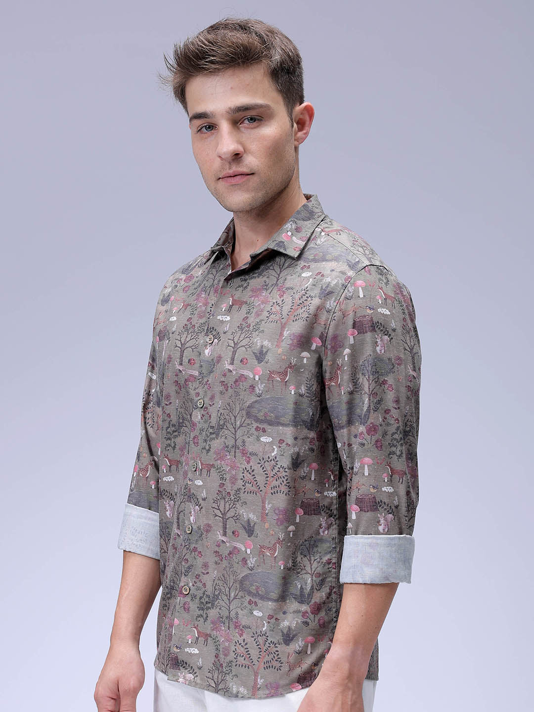 Men's Olive Regular Fit Printed Resort Wear Shirt
