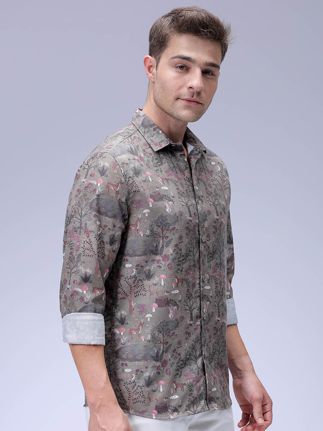 Men's Olive Regular Fit Printed Resort Wear Shirt