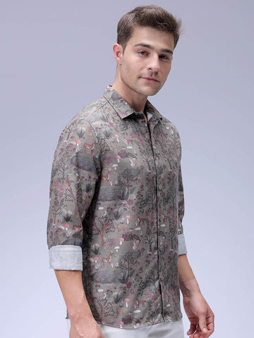 Men's Olive Regular Fit Printed Resort Wear Shirt