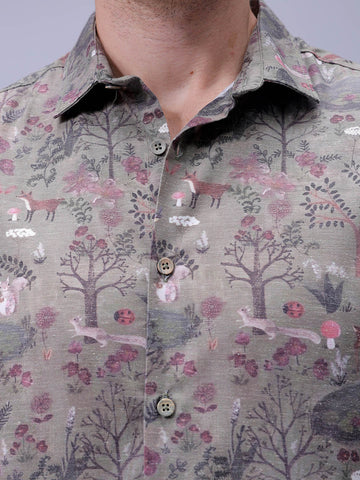 Men's Olive Regular Fit Printed Resort Wear Shirt
