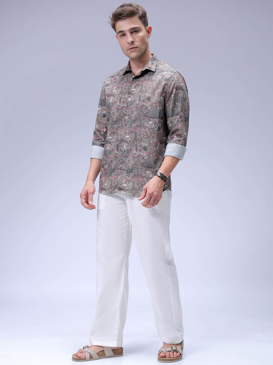 Men's Olive Regular Fit Printed Resort Wear Shirt
