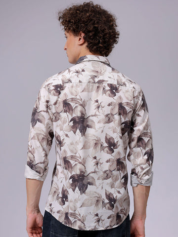 Men's Beige Regular Fit Floral Printed Resort Wear Shirt
