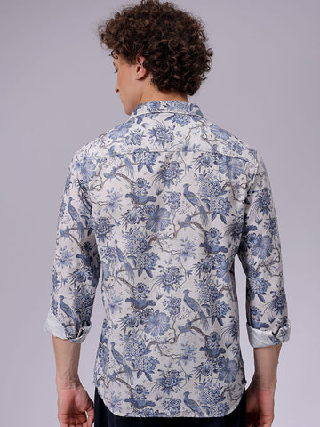 Men's Grey Regular Fit Floral Printed Resort Wear Shirt