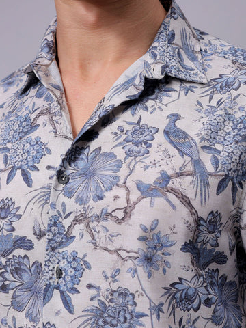 Men's Grey Regular Fit Floral Printed Resort Wear Shirt