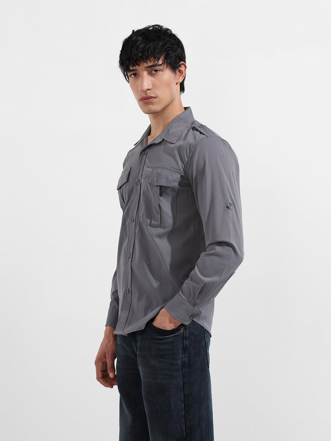 Men's Grey Regular Fit Solid Street Shirt