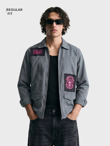 Men's Grey Regular Fit Patched Street Shirt