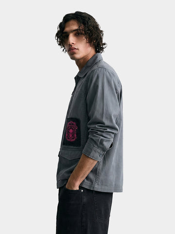 Men's Grey Regular Fit Patched Street Shirt