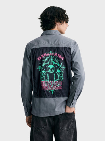 Men's Grey Regular Fit Patched Street Shirt