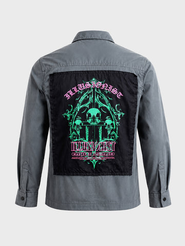 Men's Grey Regular Fit Patched Street Shirt