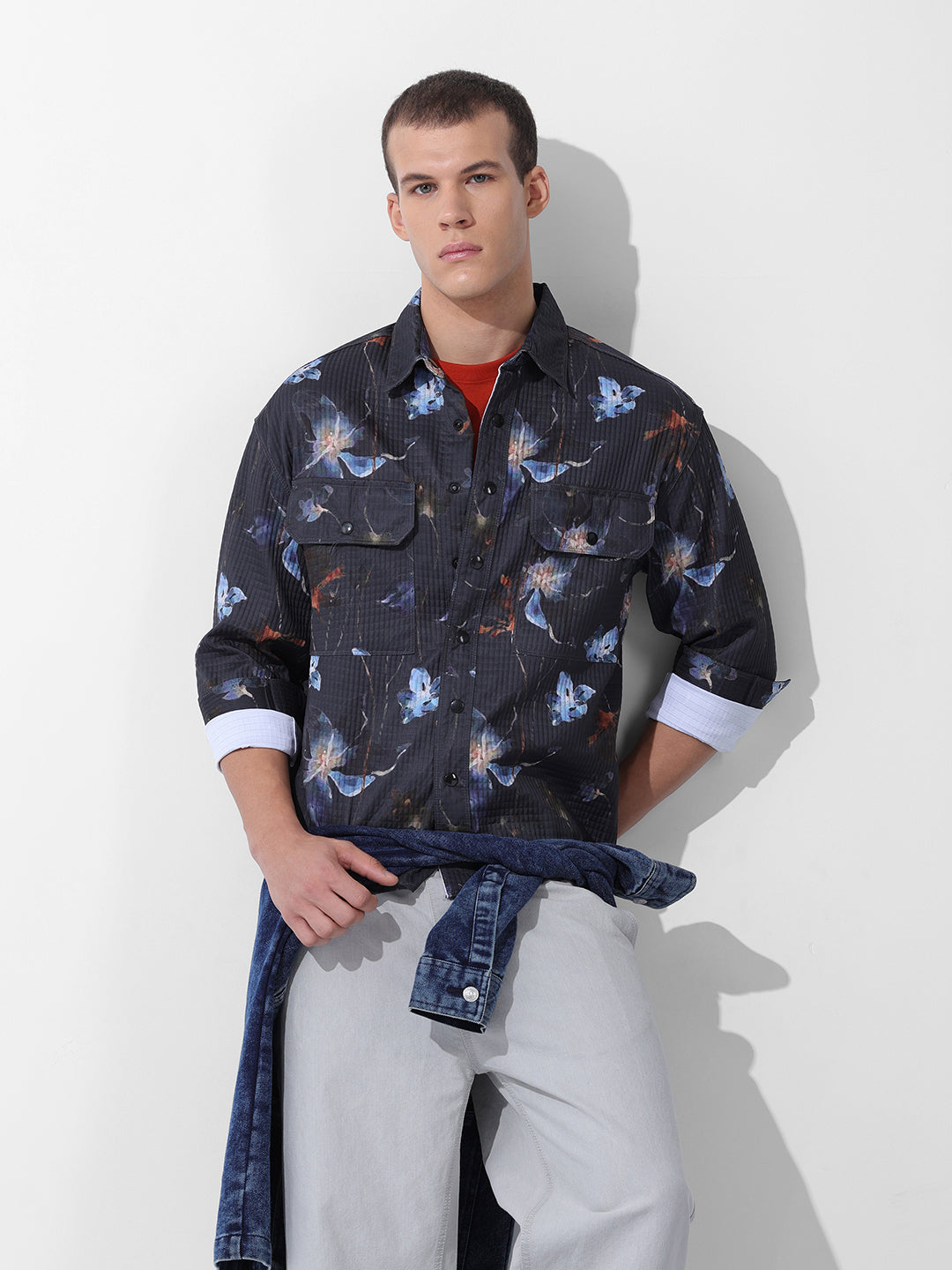 Men's Black Regular Fit Printed Textured Shirt