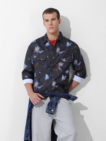 Men's Black Regular Fit Printed Textured Shirt