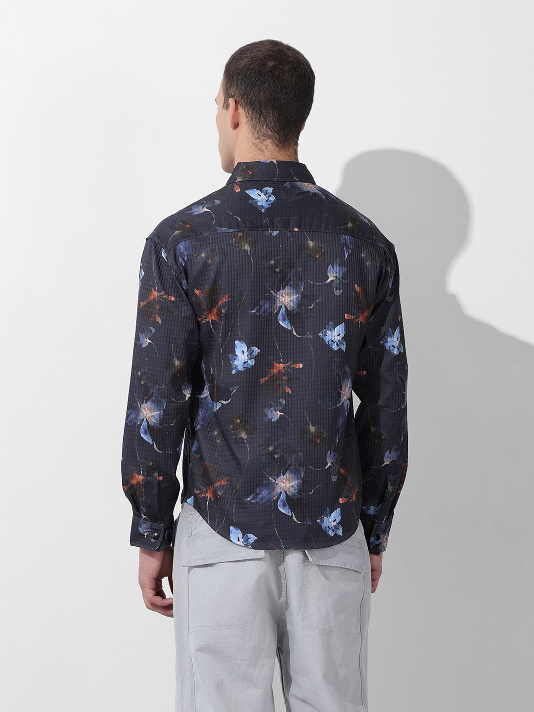 Men's Black Regular Fit Printed Textured Shirt