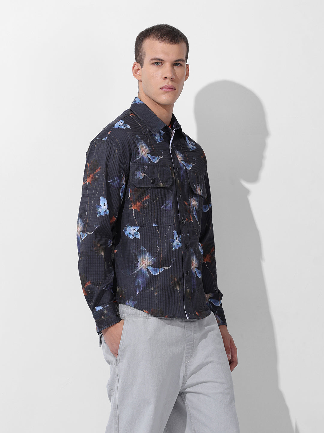 Men's Black Regular Fit Printed Textured Shirt