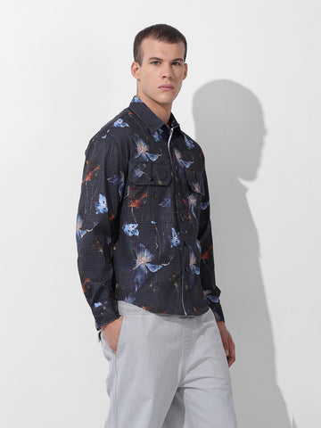 Men's Black Regular Fit Printed Textured Shirt