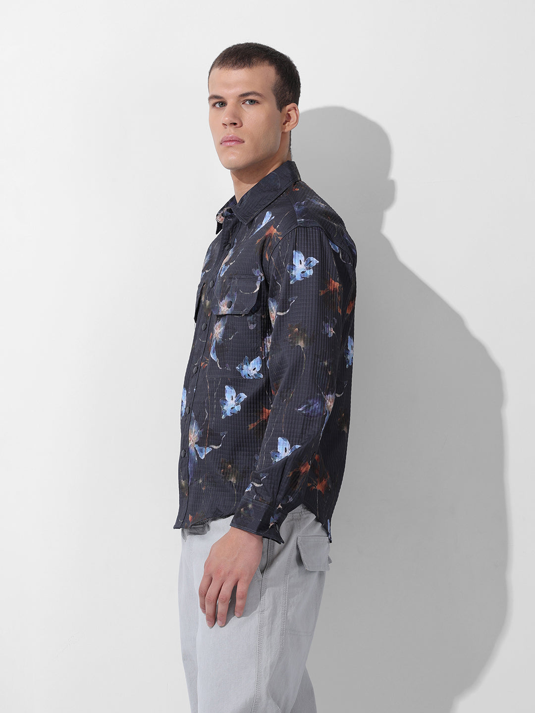 Men's Black Regular Fit Printed Textured Shirt