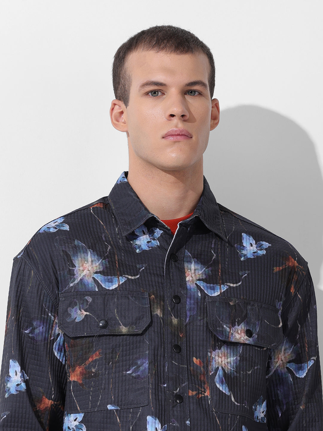 Men's Black Regular Fit Printed Textured Shirt
