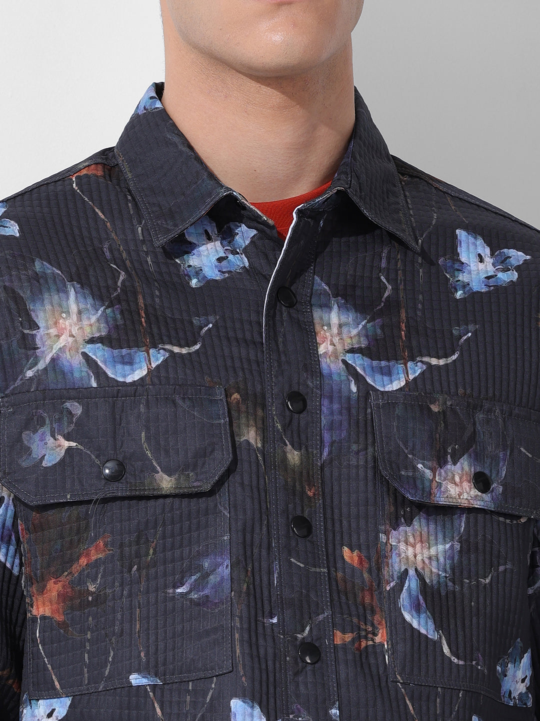 Men's Black Regular Fit Printed Textured Shirt