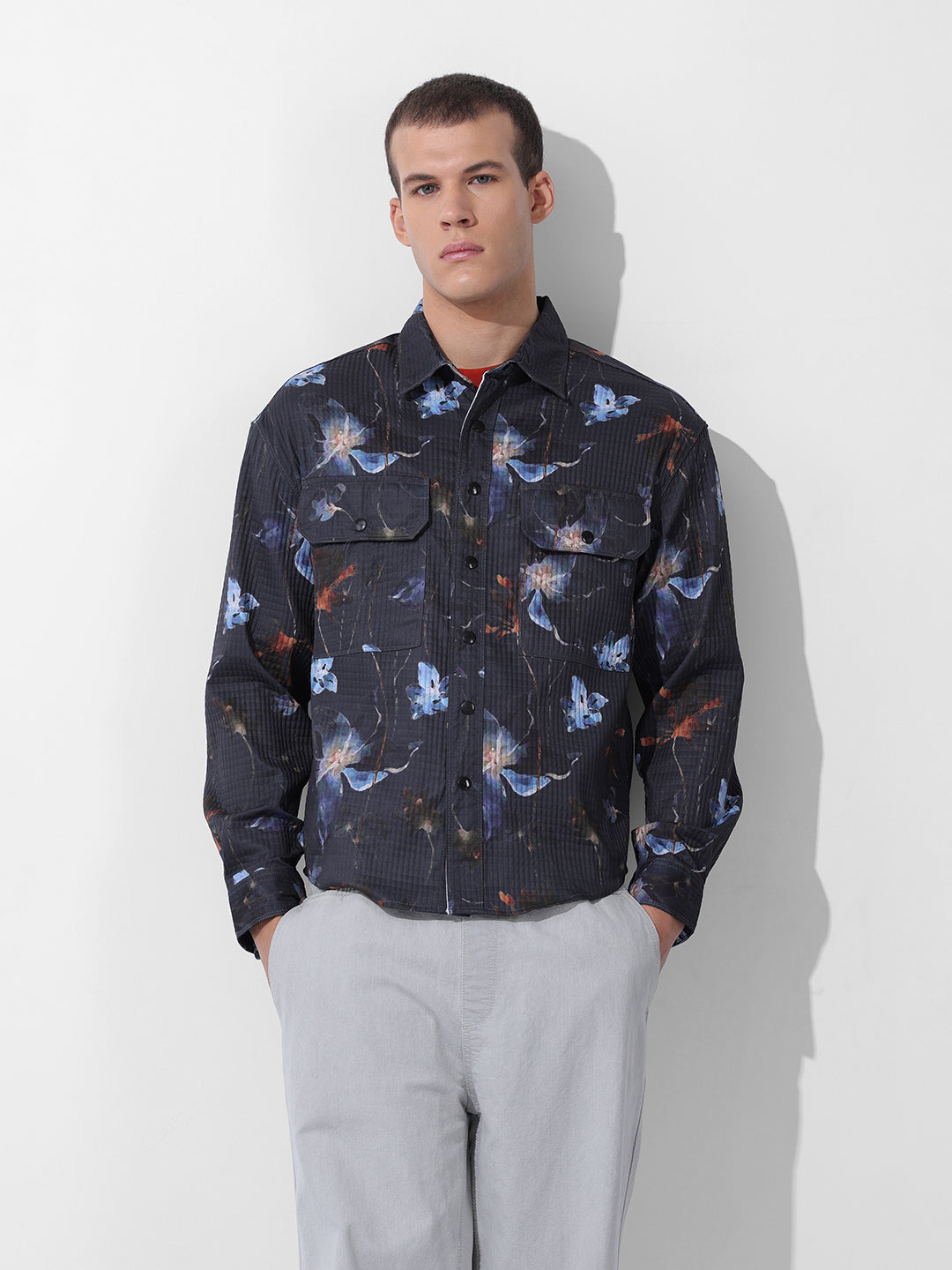 Men's Black Regular Fit Printed Textured Shirt