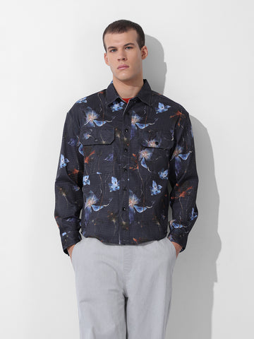 Men's Black Regular Fit Printed Textured Shirt