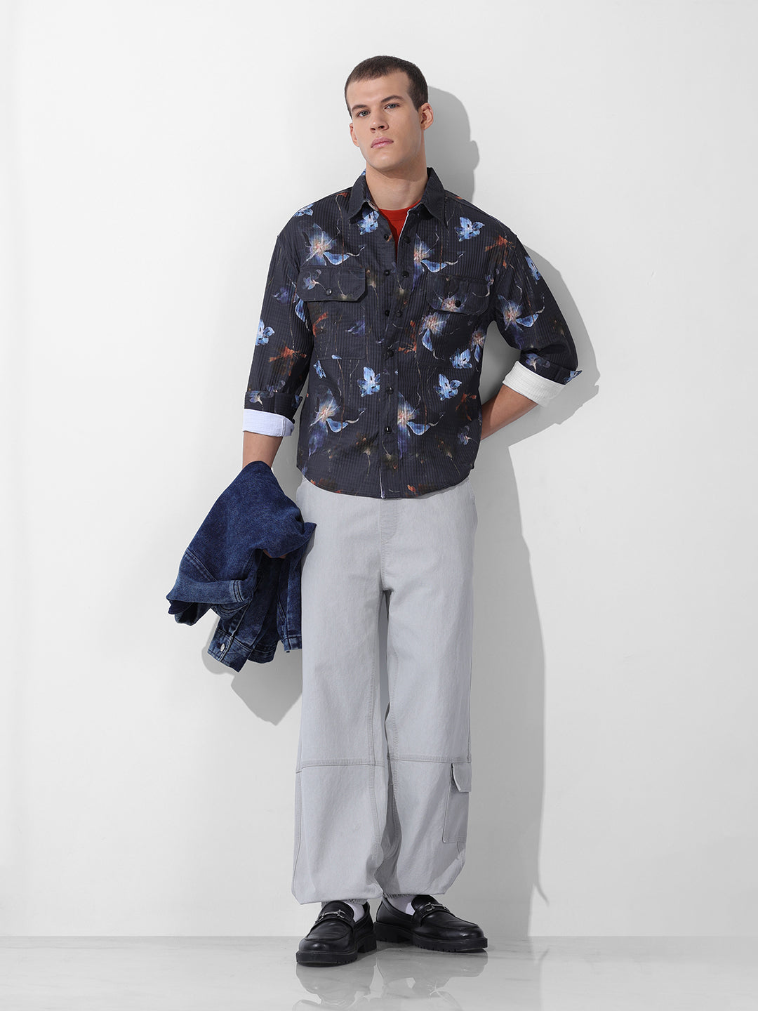 Men's Black Regular Fit Printed Textured Shirt