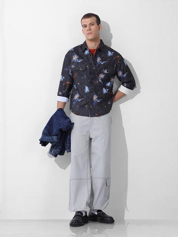 Men's Black Regular Fit Printed Textured Shirt