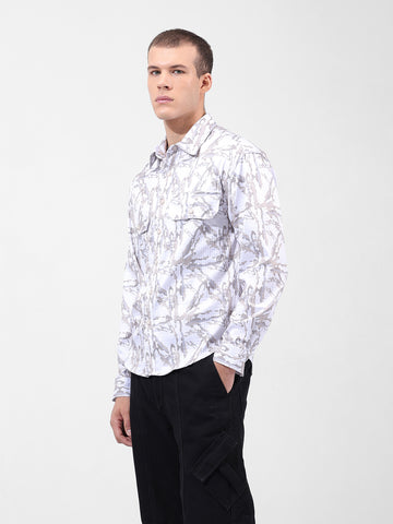 Men's White Regular Fit Printed Textured Shirt