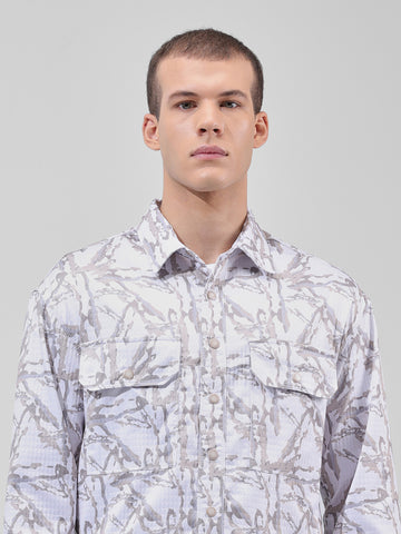Men's White Regular Fit Printed Textured Shirt