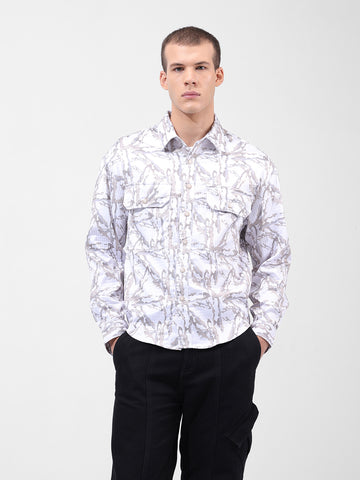 Men's White Regular Fit Printed Textured Shirt