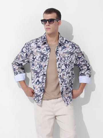 Men's Cream Regular Fit Printed Textured Shirt