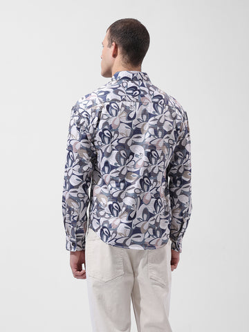 Men's Cream Regular Fit Printed Textured Shirt