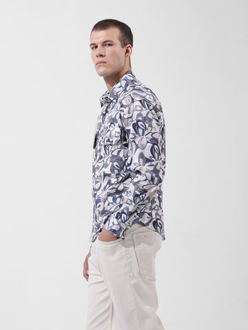 Men's Cream Regular Fit Printed Textured Shirt