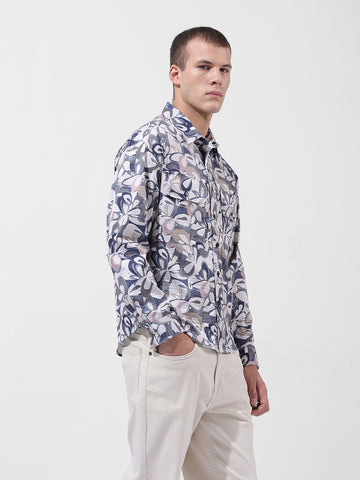 Men's Cream Regular Fit Printed Textured Shirt