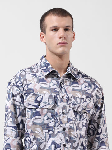 Men's Cream Regular Fit Printed Textured Shirt