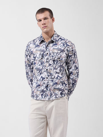 Men's Cream Regular Fit Printed Textured Shirt