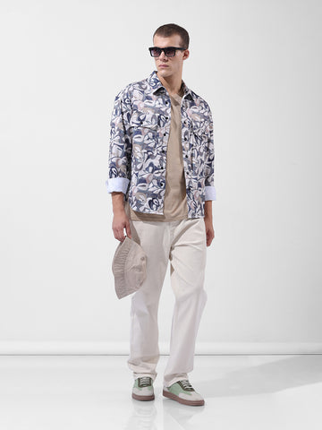 Men's Cream Regular Fit Printed Textured Shirt