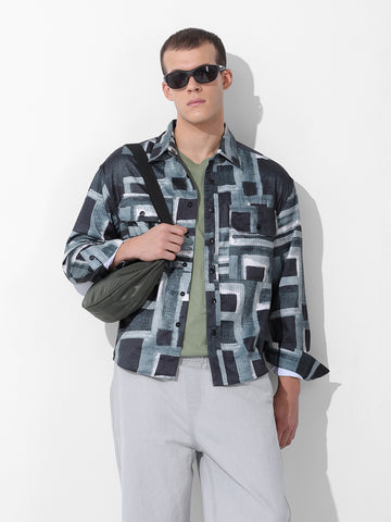 Men's Green Regular Fit Printed Textured Shirt