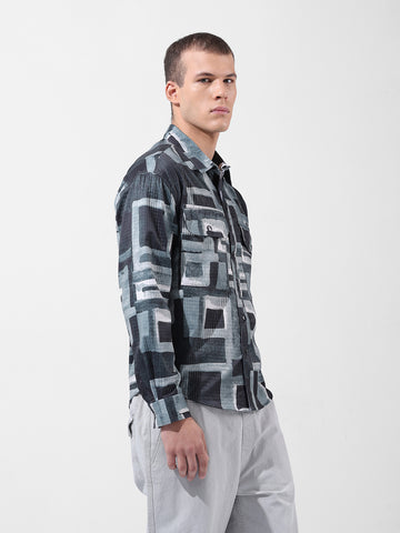 Men's Green Regular Fit Printed Textured Shirt