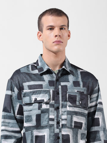Men's Green Regular Fit Printed Textured Shirt