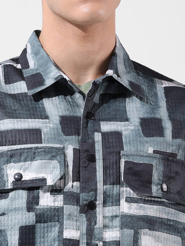 Men's Green Regular Fit Printed Textured Shirt