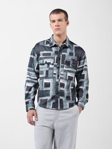 Men's Green Regular Fit Printed Textured Shirt