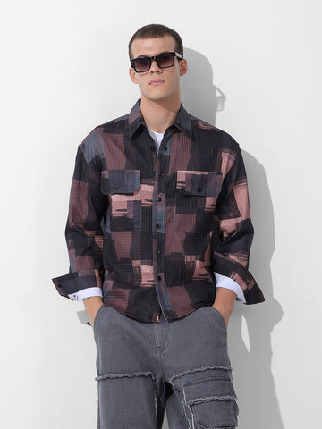 Men's Black Regular Fit Printed Textured Shirt