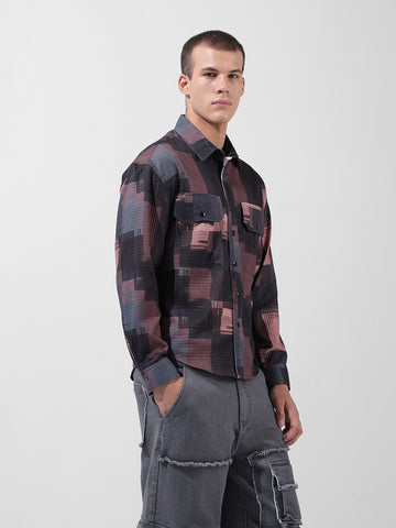 Men's Black Regular Fit Printed Textured Shirt