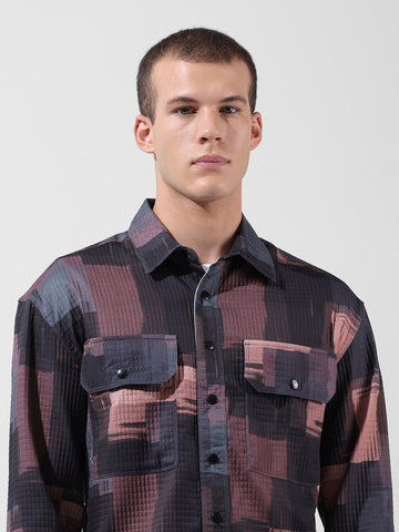 Men's Black Regular Fit Printed Textured Shirt
