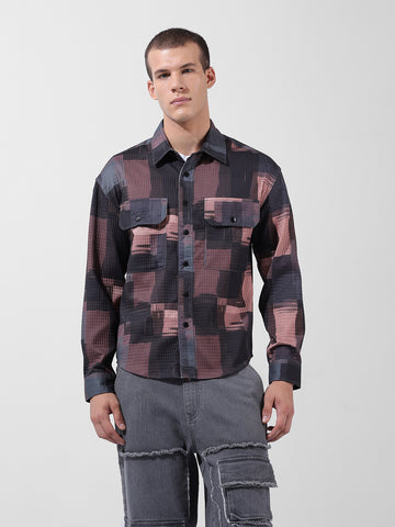 Men's Black Regular Fit Printed Textured Shirt
