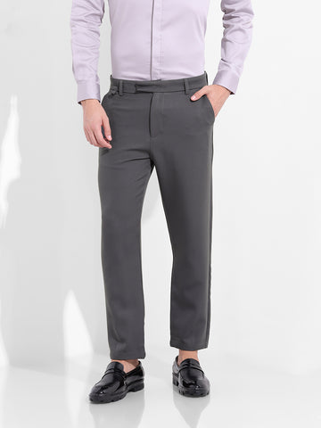 Men's Grey Slim Fit Solid Casual Trousers