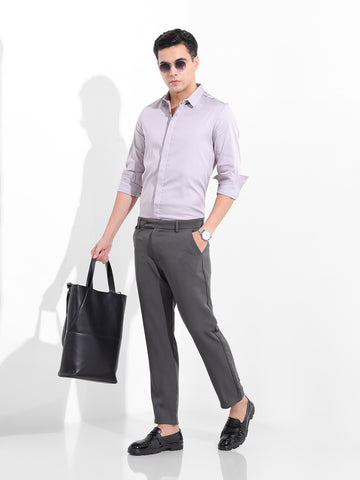 Men's Grey Slim Fit Solid Casual Trousers
