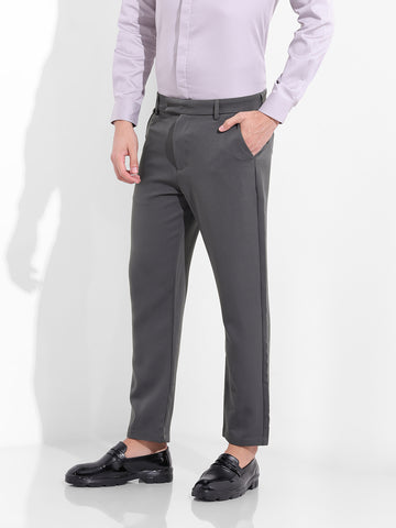 Men's Grey Slim Fit Solid Casual Trousers