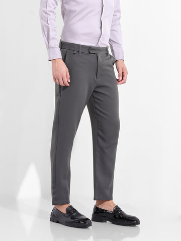 Men's Grey Slim Fit Solid Casual Trousers